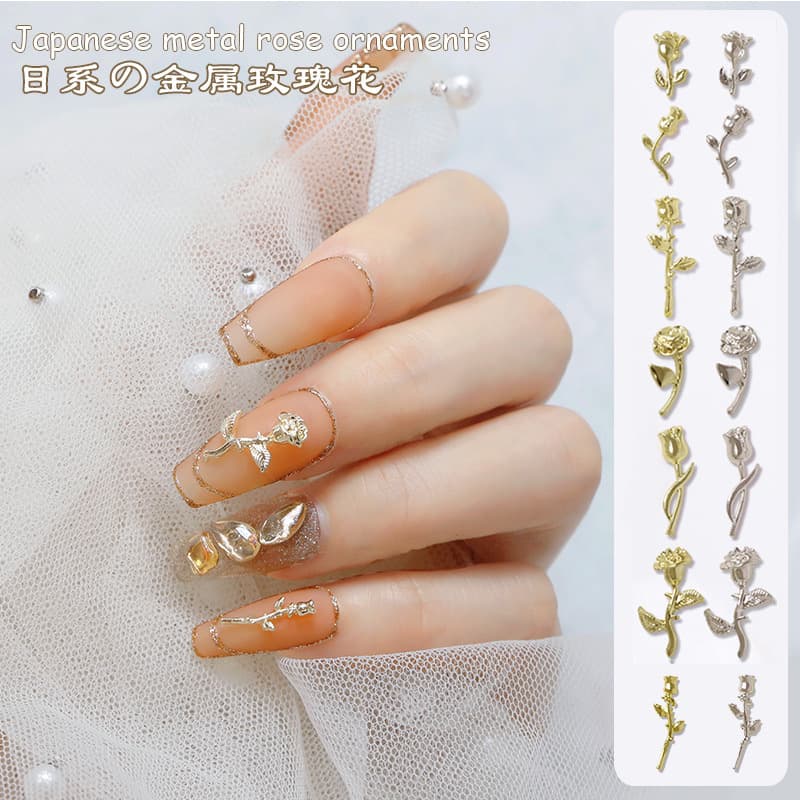 Metal rose nail art accessories new internet celebrity light luxury three-dimensional alloy rose gold and silver nail accessories