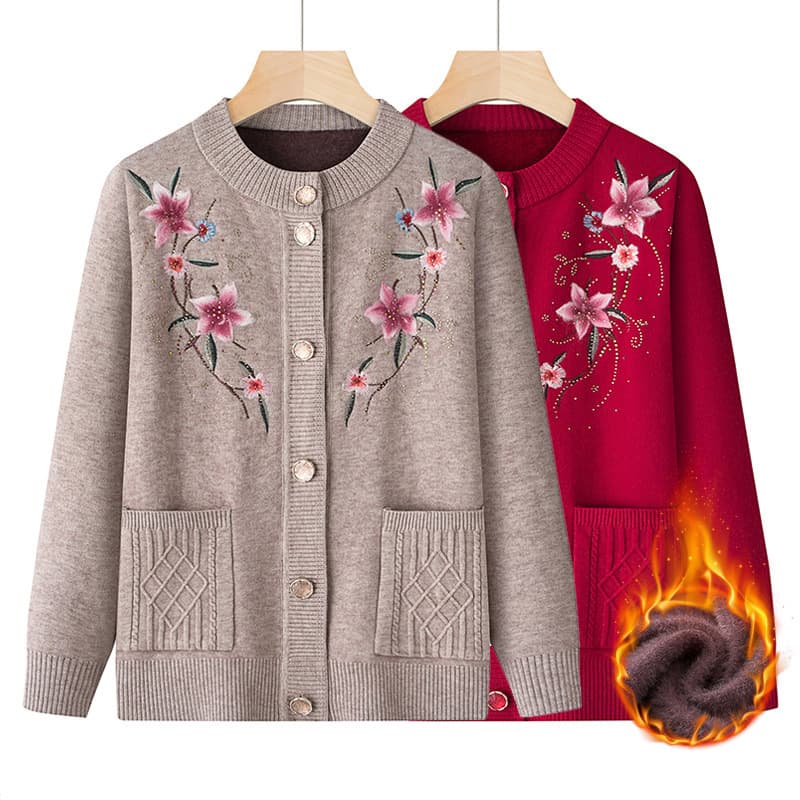 Autumn and Winter Embroidered Fleece-Lined Thick Cardigan for Middle-Aged and Elderly Women, Long-Sleeve Top for Grandma and Mothers