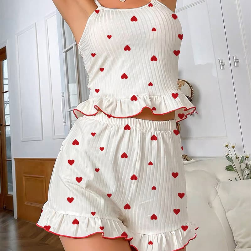 Export Hot Selling Camisole Shorts Set with Sexy Ruffled Hem, Multi-Color Heart Print, Comfortable Loungewear