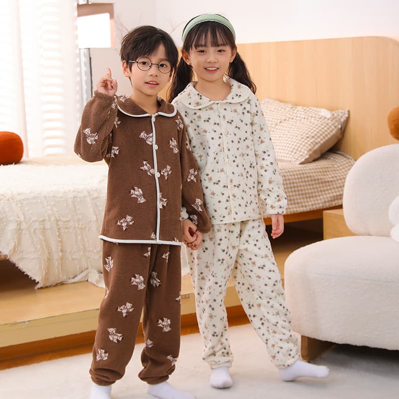 Autumn Winter Snow Woolen Children's Loungewear Boys Girls Cardigan Lapel Pajama Set Toddler Class A