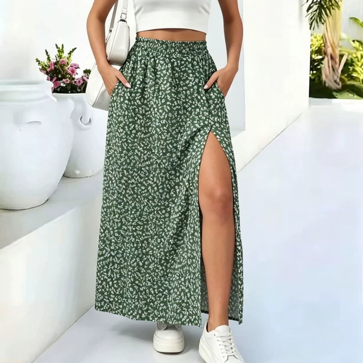 In Stock EU/US Cross-Border New Amazon Resort Direction Fashion Casual Floral Print Slit Skirt