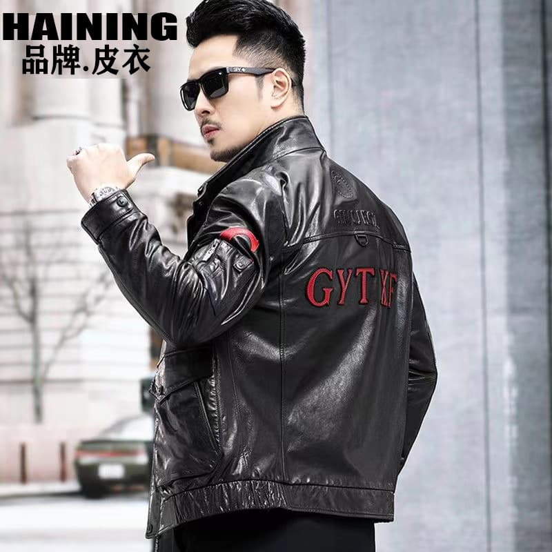 New Autumn Haining Leather Jacket for Men Slim Fit Motorcycle Flight Jacket Trendy Handsome Stand Collar Casual Coat