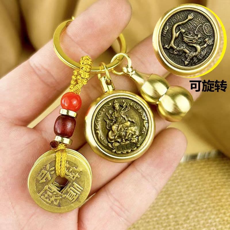 Brass Twelve Zodiac Guardian God Coin Spinner Five Emperor Coins Copper Gourd Can Hold Cinnabar Wealth Car Keychain
