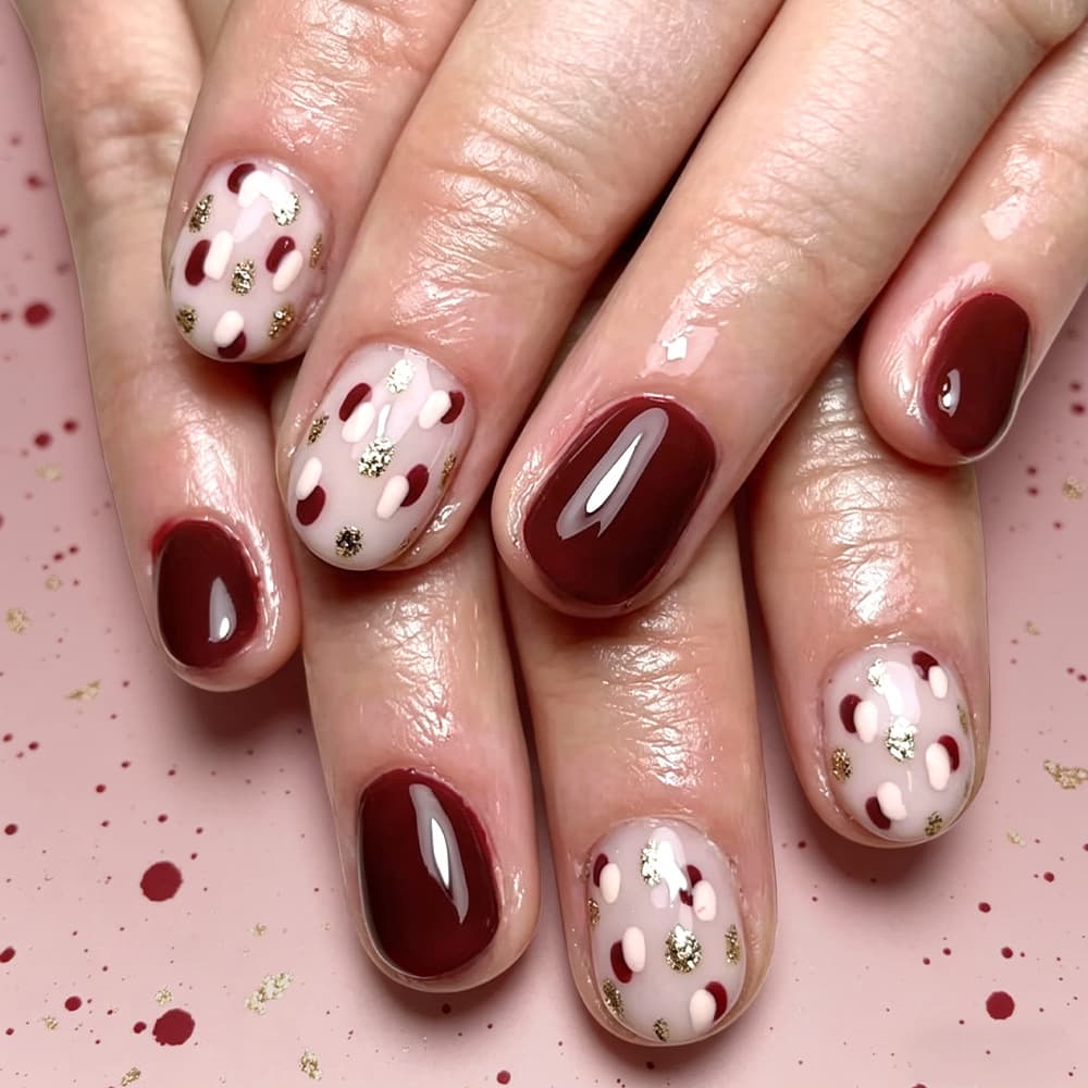 Autumn Manicure Short Round-Shaped Wearable Nails in Burgundy with Polka Dots and Gold Glitter, Glossy Nail Art, 24 Detachable Fake Nails