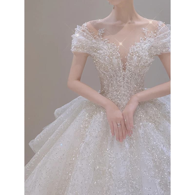 Main wedding dress bride 2026 new high-quality one-shoulder French heavy industry pregnant women tail summer French style