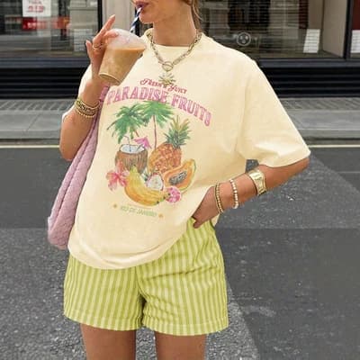 European and American cross-border summer fruit print round neck set, sweet and slim-fitting short-sleeve shorts two-piece set for beach vacation