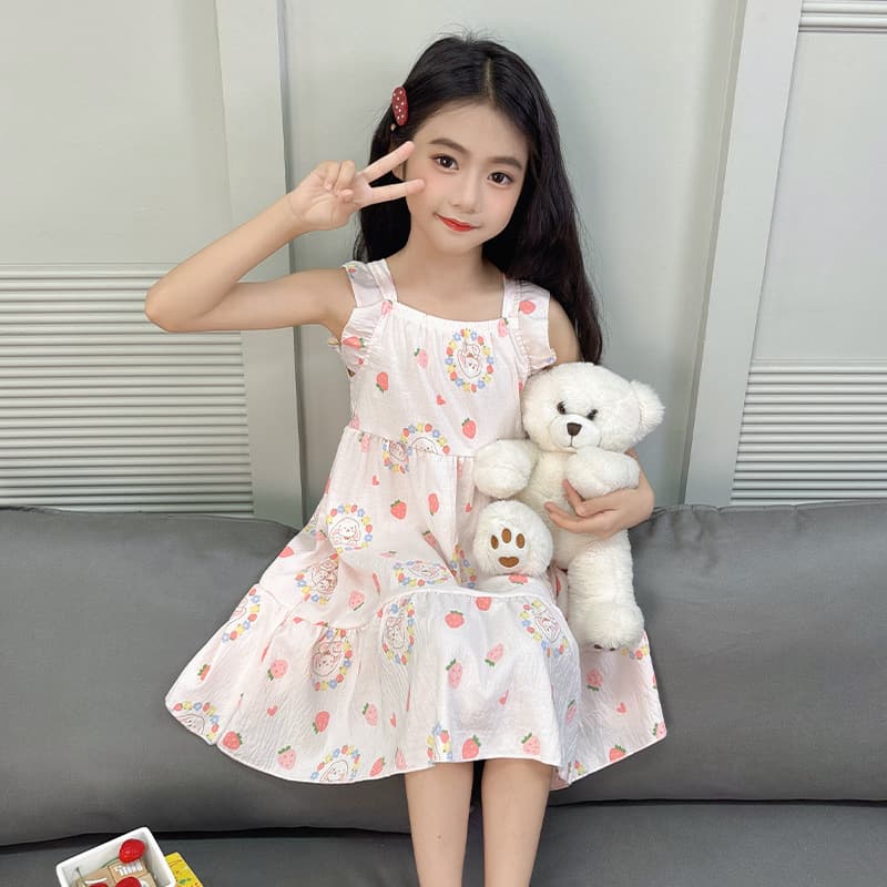 2025 New Style Girls' Summer Cloud Cotton Camisole Dress, Cartoon Pajama Nightgown for Kids
