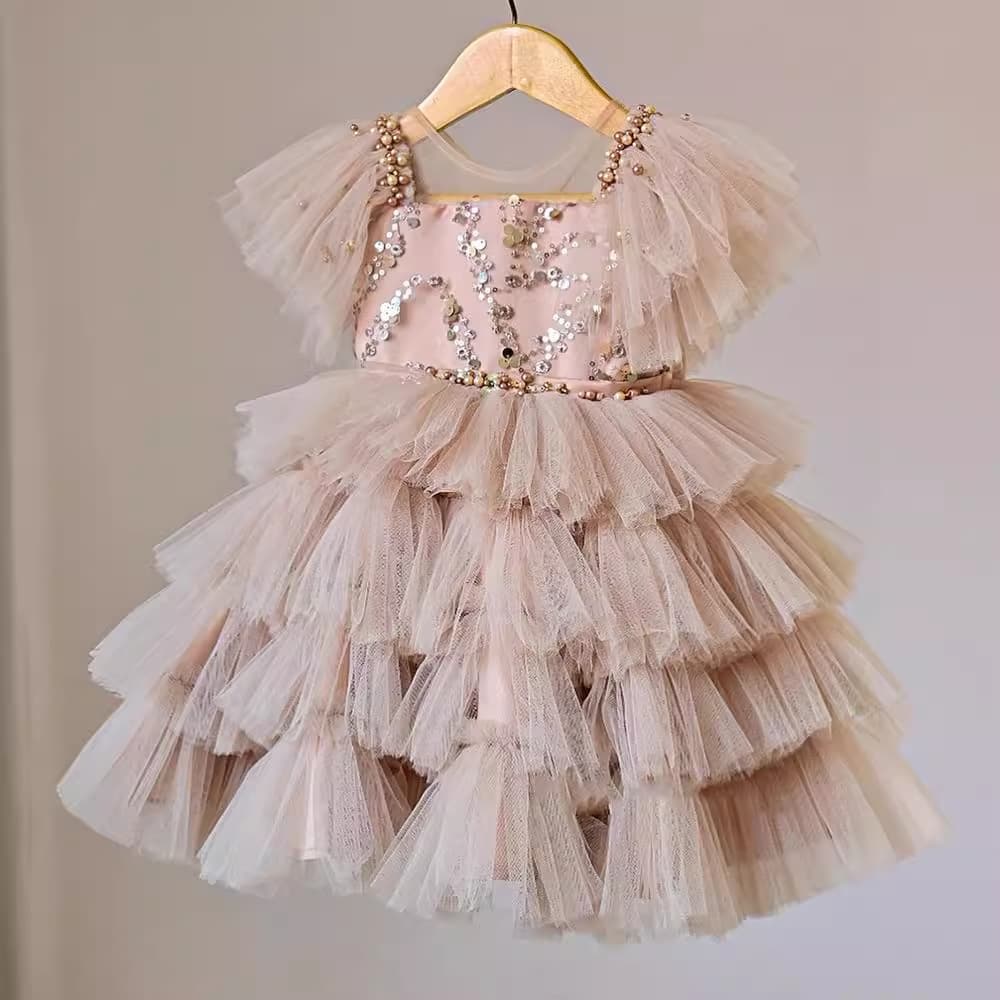 Kids Dress 2026 New Girls Beige Sequin Layered Suspender Dress Puffy Mesh Skirt Bow