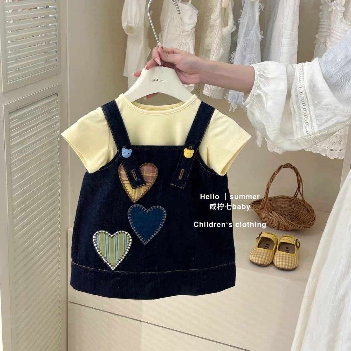 Girls Denim Dress Summer 2026 New Style Baby Korean Fashionable Vest Dress Short Sleeve Set Two-Piece