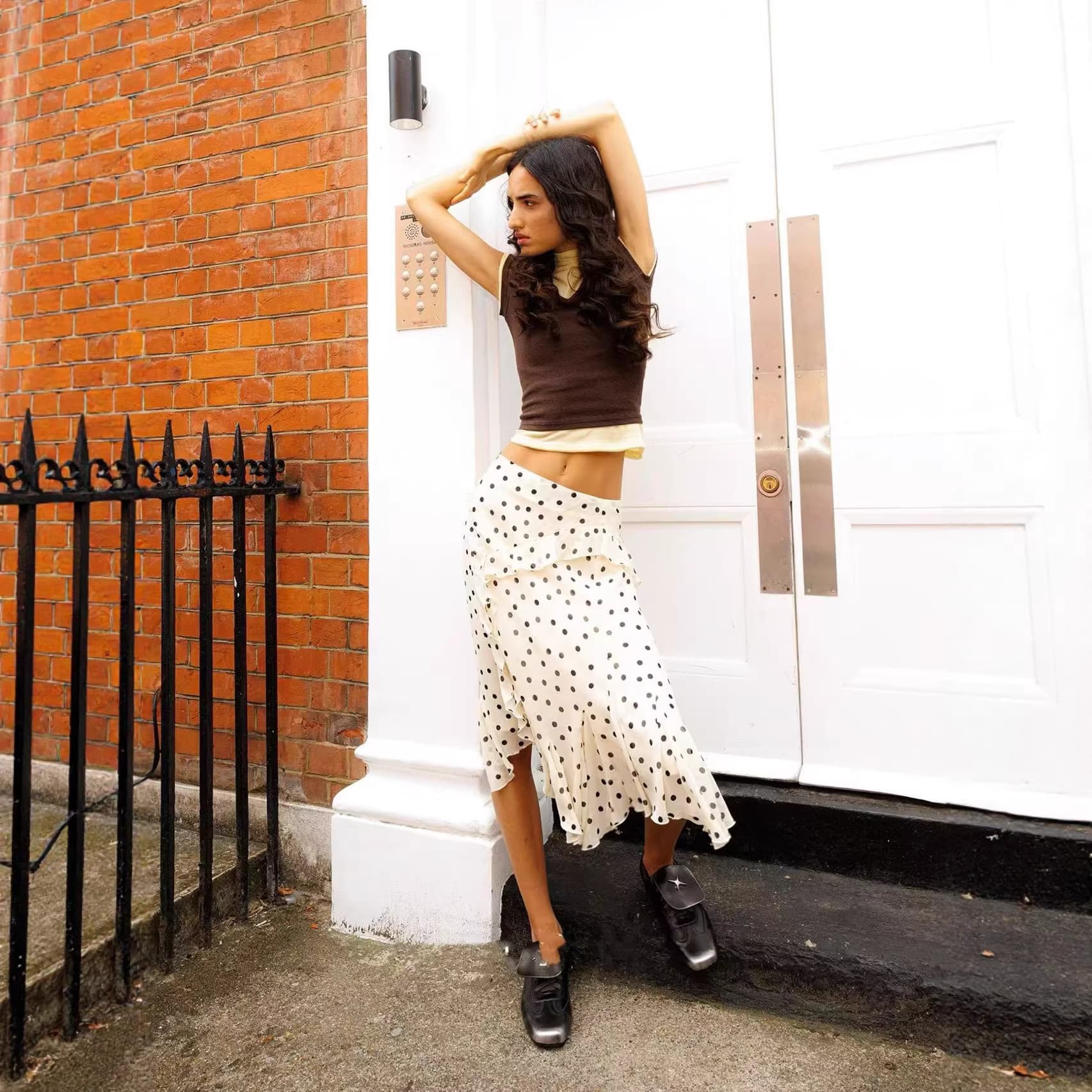 Vintage Irregular Ruffle Hem Flounce Skirt Cream Long Skirt Polka Dot Midi Skirt ES2001 Original Factory