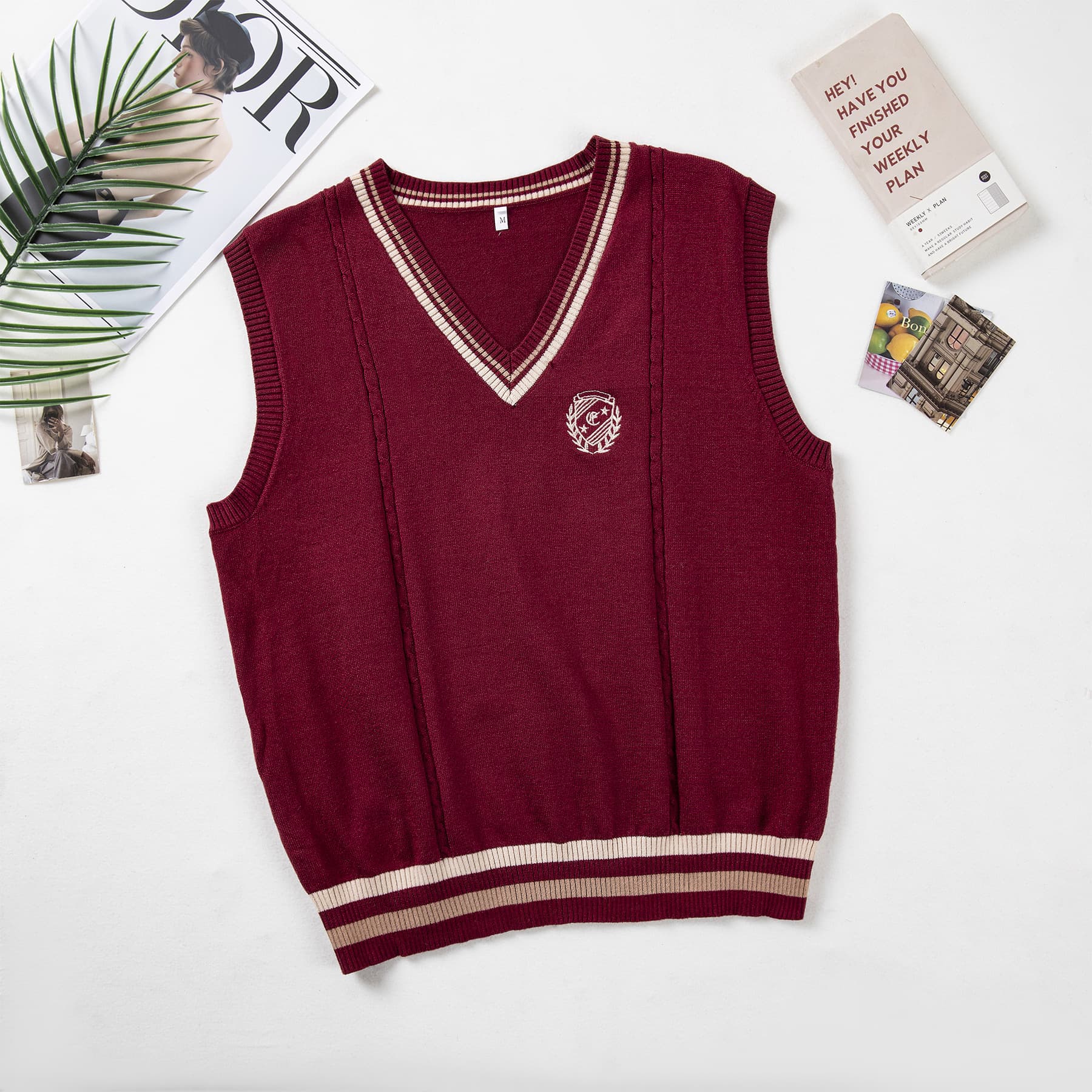 Sleeveless JK uniform layering pullover sweater 2025 soft girl basic style academic knitwear embroidered vest