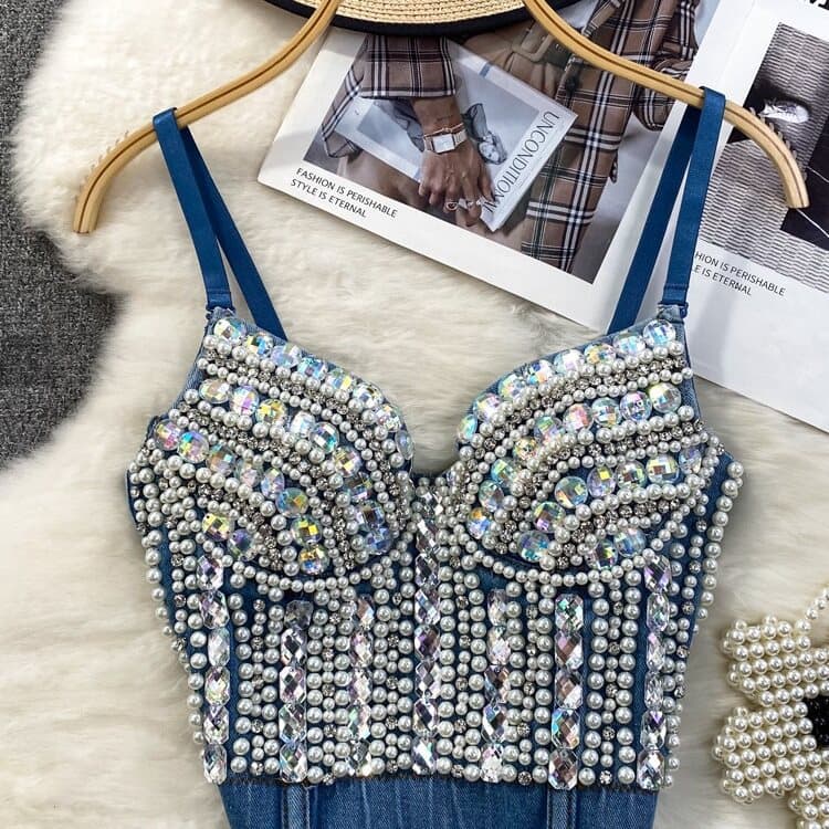 European and American Style Sexy Lingerie Performance Outfit, Rhinestone-Embellished Denim Camisole with Beading, Women's Outerwear, Trendy Fishbone Top