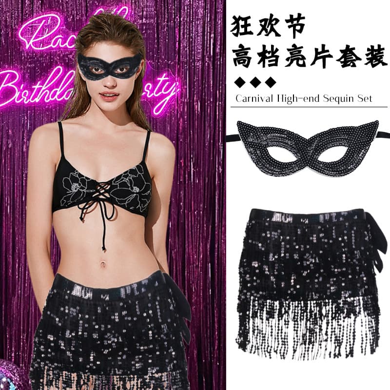 Masquerade Party Carnival Sequin Fringe Belly Dance Belt Dance Performance Costume Sexy Sequin Mask