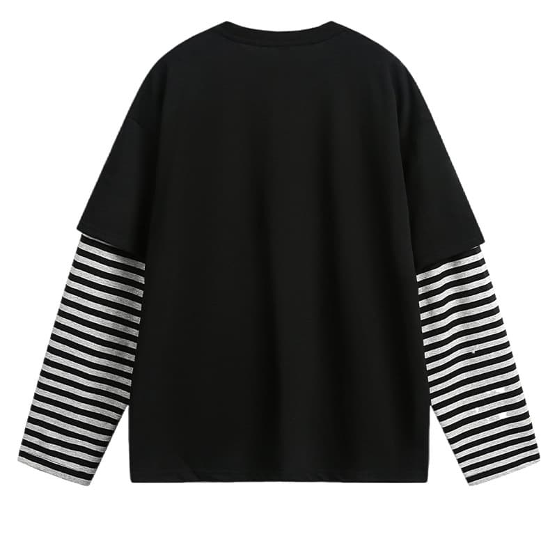 Dark Vintage Retro American Rock Band Faux Two-Piece Striped Patchwork Long-Sleeve T-Shirt for Men, Spring/Autumn Loose Fit Top