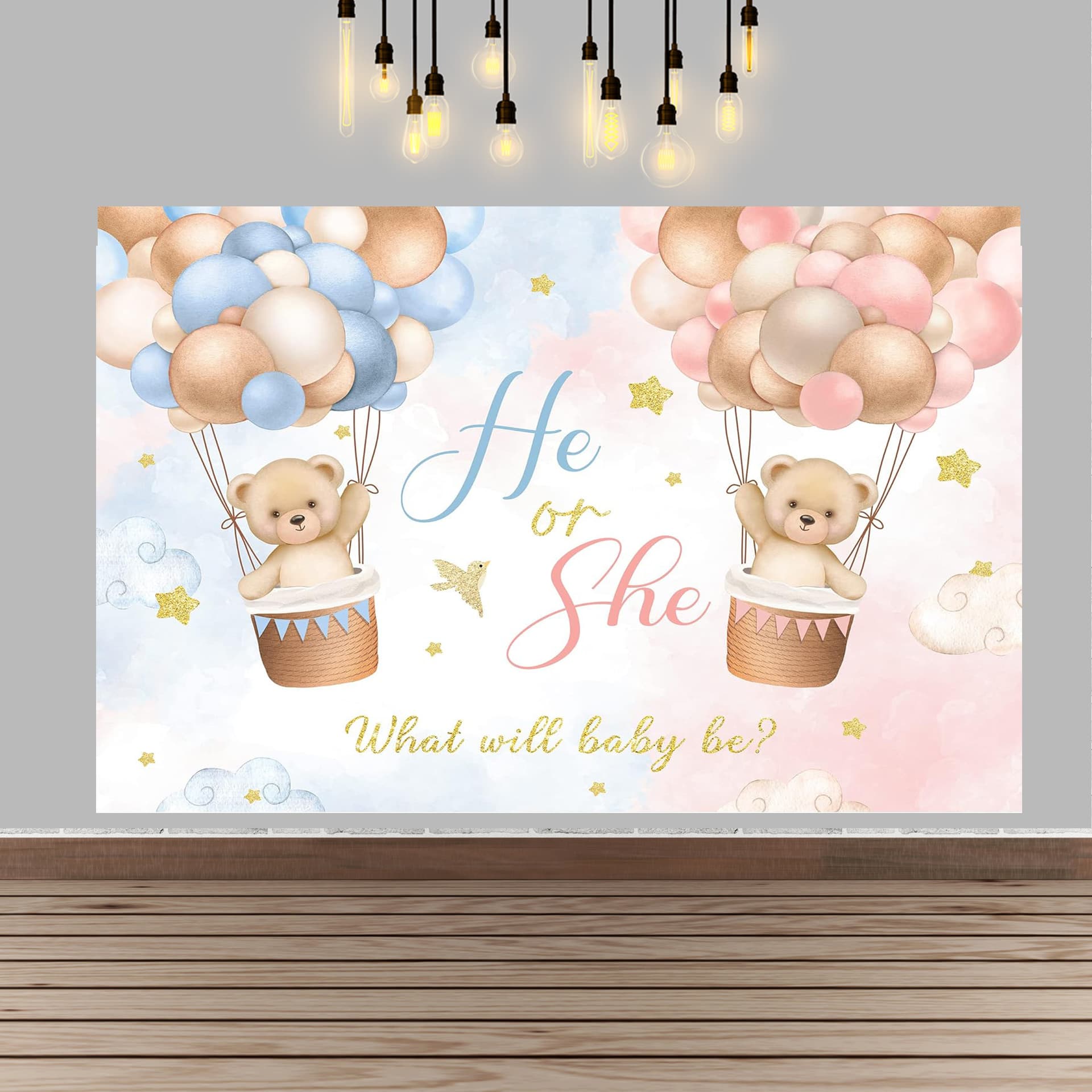 Watercolor Bear Hot Air Balloon Gender Reveal Photo Background Banner Baby Shower Welcome Party Decoration Backdrop Cloth