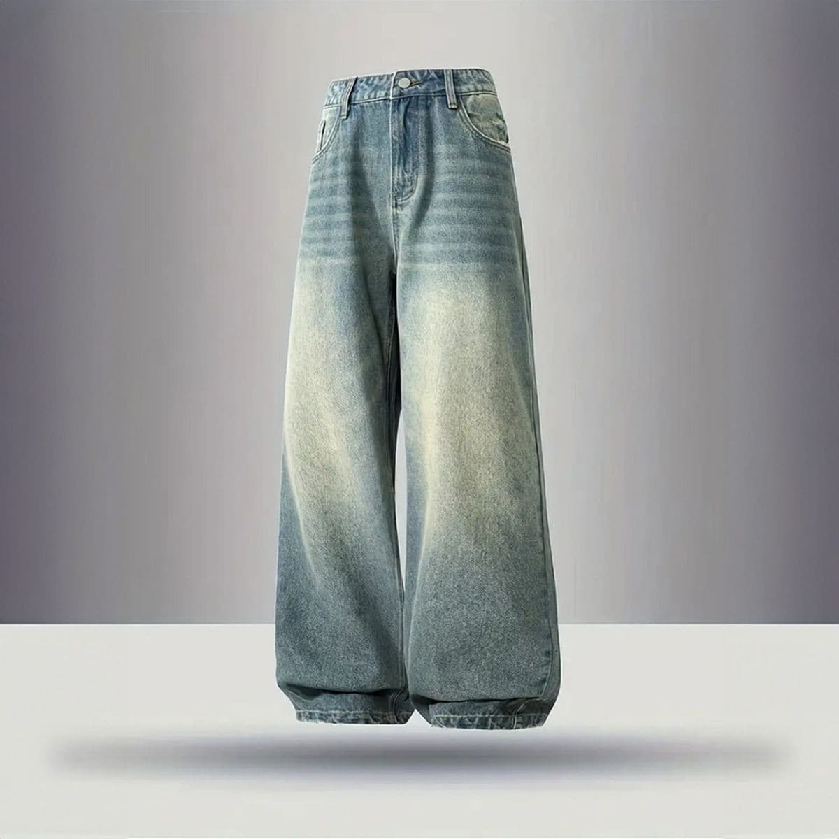 Vintage Washed Distressed Denim Jeans for Men - Loose Fit Casual Wide Leg Retro Style