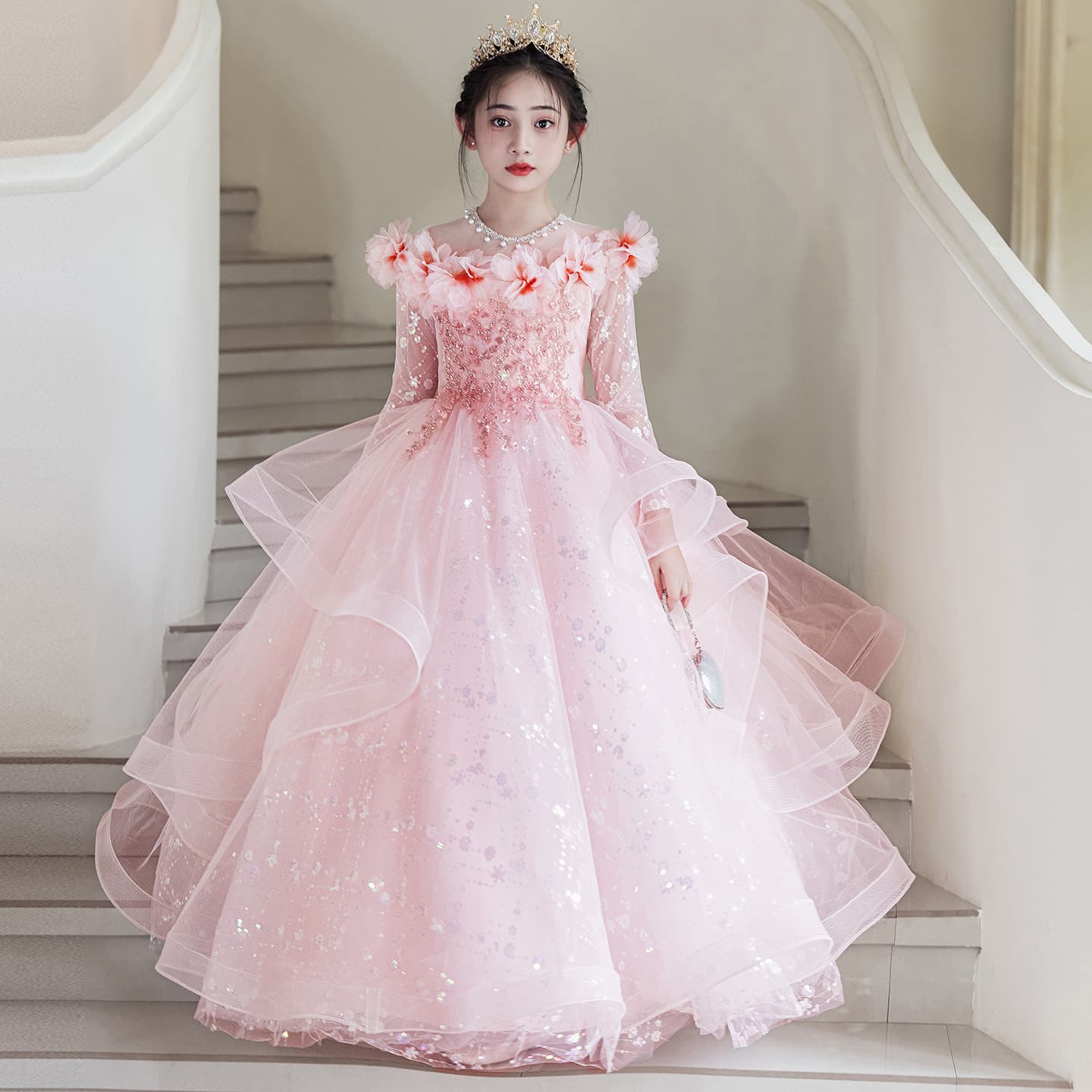 Girls dress pink French host girl piano performance children's birthday flower girl princess dress autumn and winter