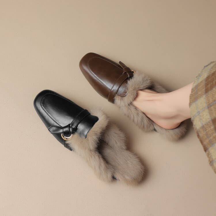 Winter Fuzzy Slippers for Women Low Heel Square Toe Closed-Toe Outdoor Slippers 2023 New Style 10-24u Fashion Rabbit Fur Women's Shoes