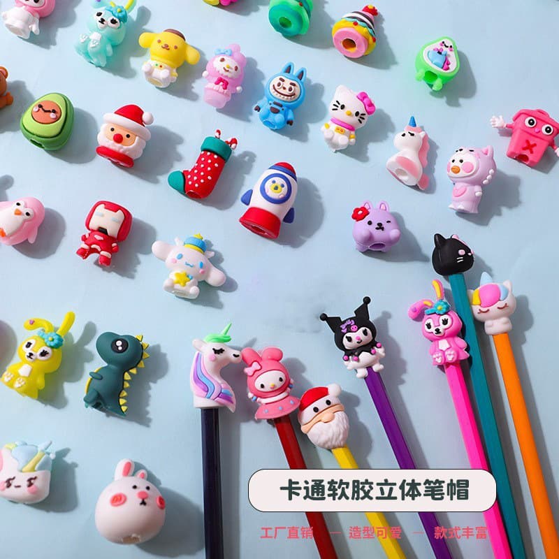 Cute Cartoon Mixed Style Pencil Caps Creative Pencil Covers for Kids Elementary School Girls Soft Silicone Protective Pen Caps for Boys