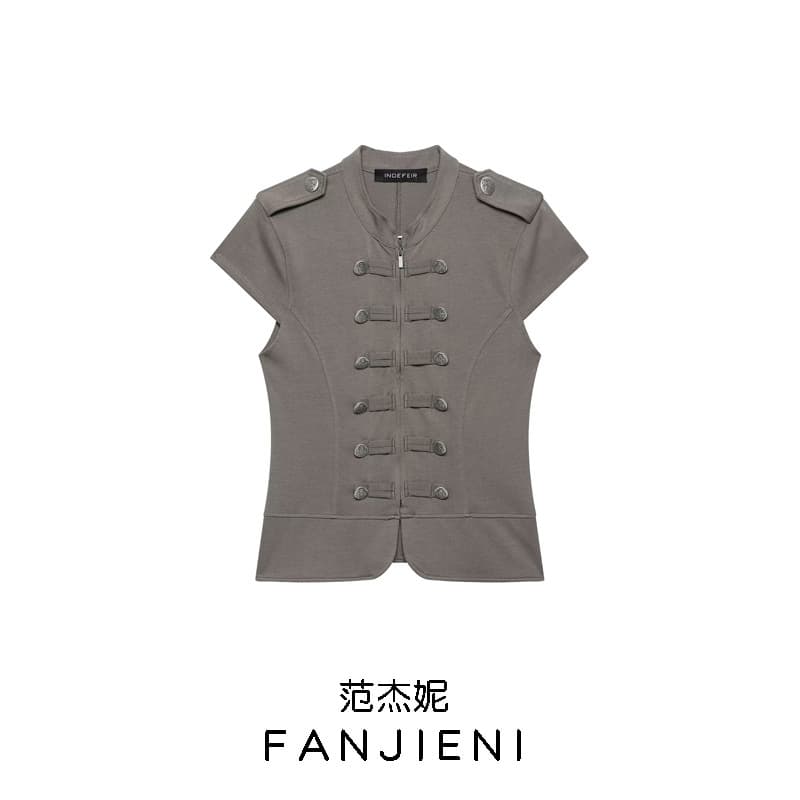 Zr Foreign Trade Wholesale European and American Style Women's Fashionable and Elegant Slim Fit Solid Color Zipper Button Decorated Vest 0264038