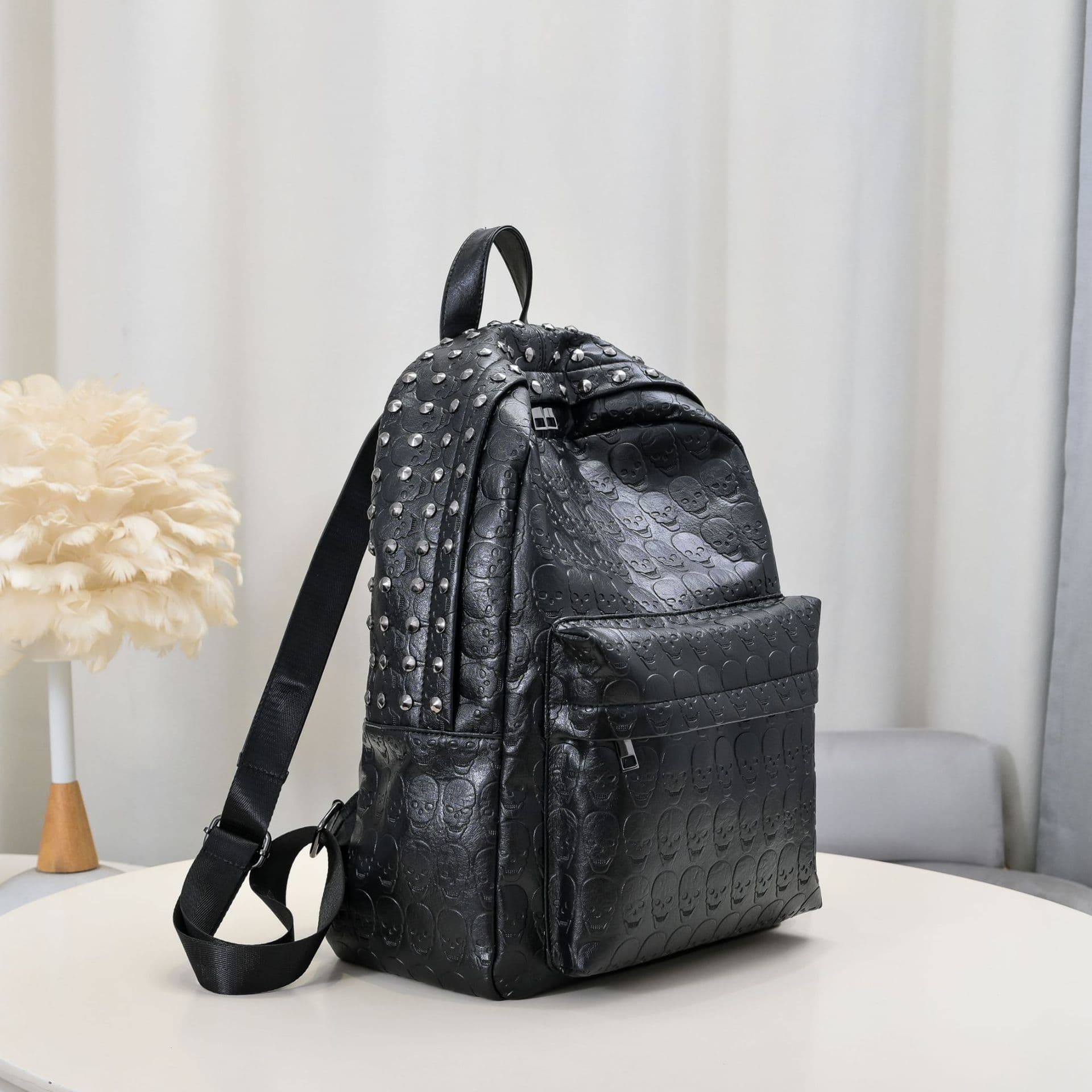 Vintage Fashion Trendy Backpack with Rivets, British Style PU Leather School Bag for High School and College Students