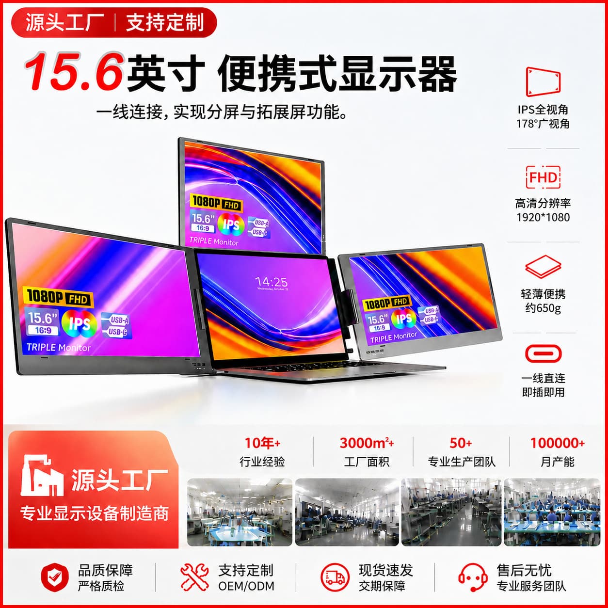 15.6-inch Triple Screen Multi-Screen Extender Portable Laptop Secondary Monitor for Office and Stock Trading