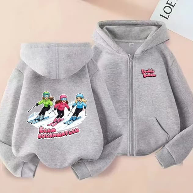 Cross-border OZON cartoon print skiing three sisters children's hooded zipper sweatshirt Russian Internet celebrity spring and autumn top outer