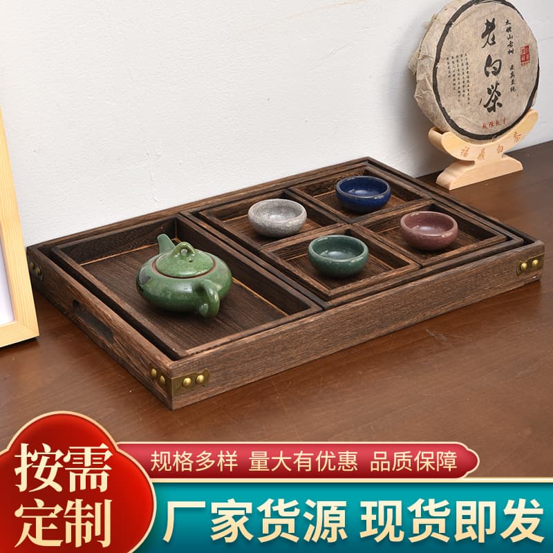 In-stock Wooden Stove Tea Tray Seven-Piece Set, Rectangular Tea Tray, Paulownia Wood Nut and Snack Plate Storage Tray
