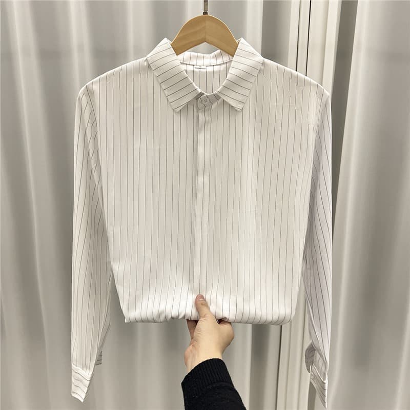 Shop Owner Style White Striped Snap Button Shirt for Men, Wrinkle-Free Chiffon Top, Draped High-Quality Long-Sleeve Versatile Blouse