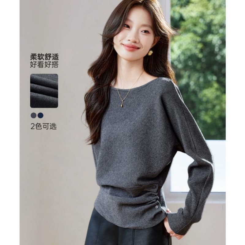 Designer Chic Unique Pleated Waist Knit Top for Women 2025 New Fall Winter Boat Neck Sweater