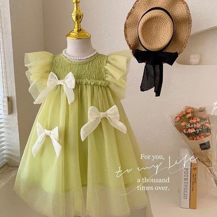 Girls green flying sleeve dress summer 2026 new children's style princess skirt baby mesh tutu skirt