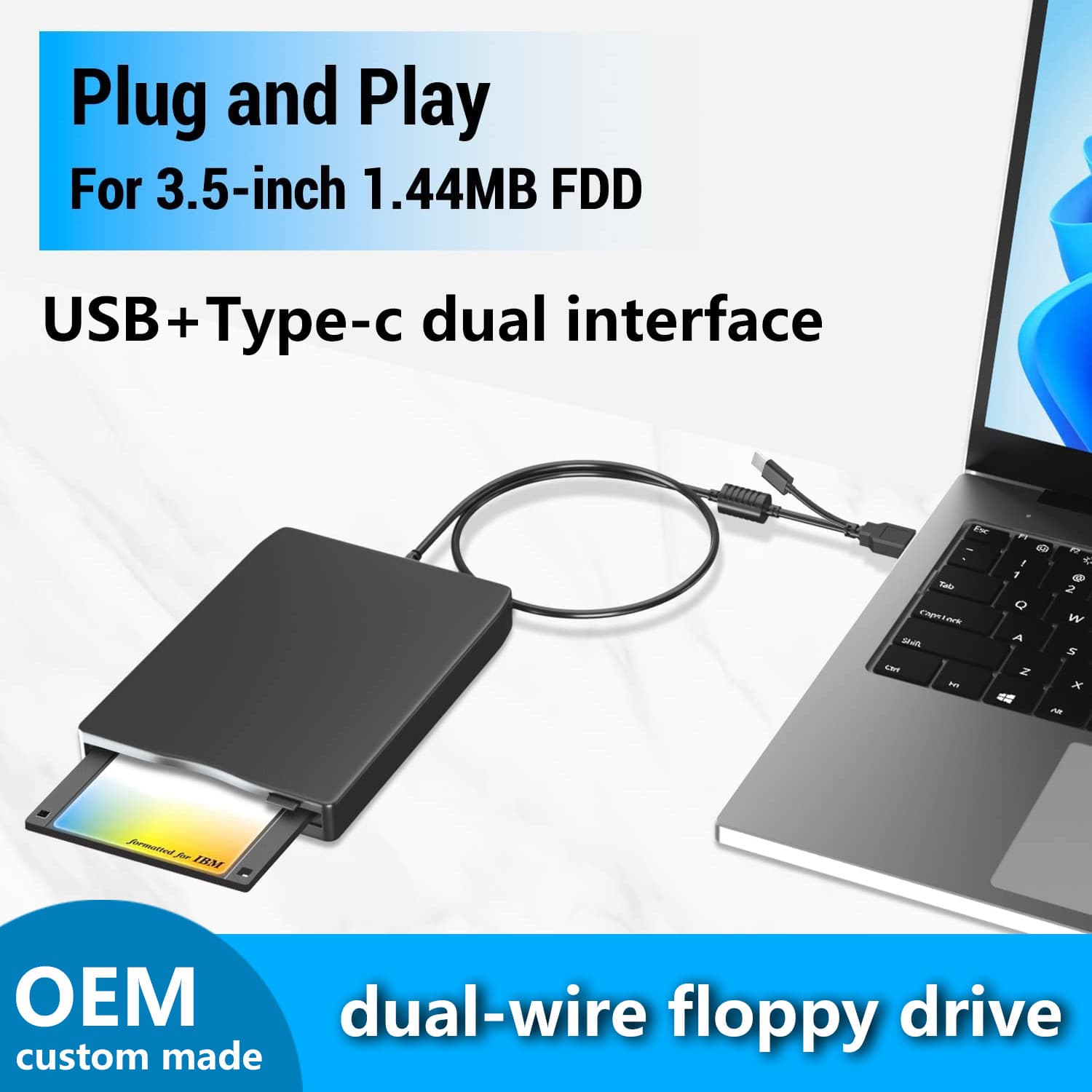 OEM Customized Floppy Disk Drive, Portable External Floppy Drive for Computers, 1.44MB FDD, Dual-Cable Portable
