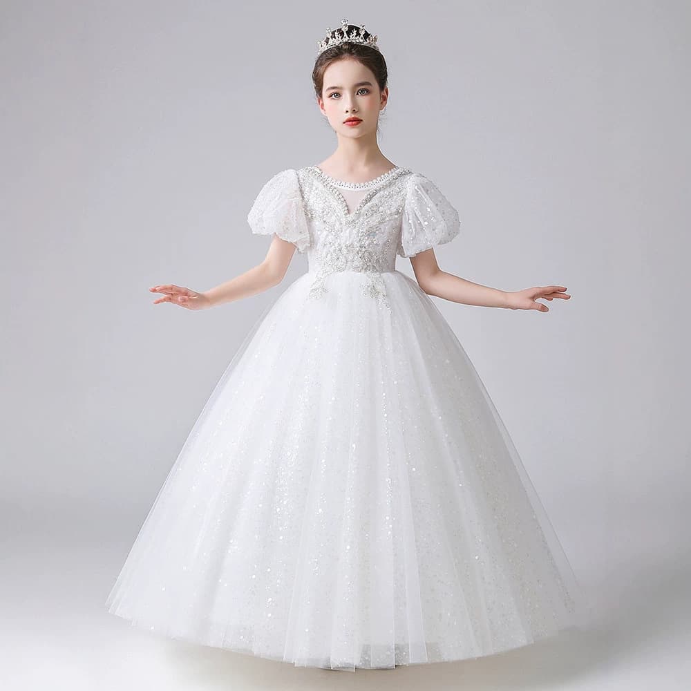 White children's host dress, fashionable flower girl wedding princess dress, little girl's piano performance dress