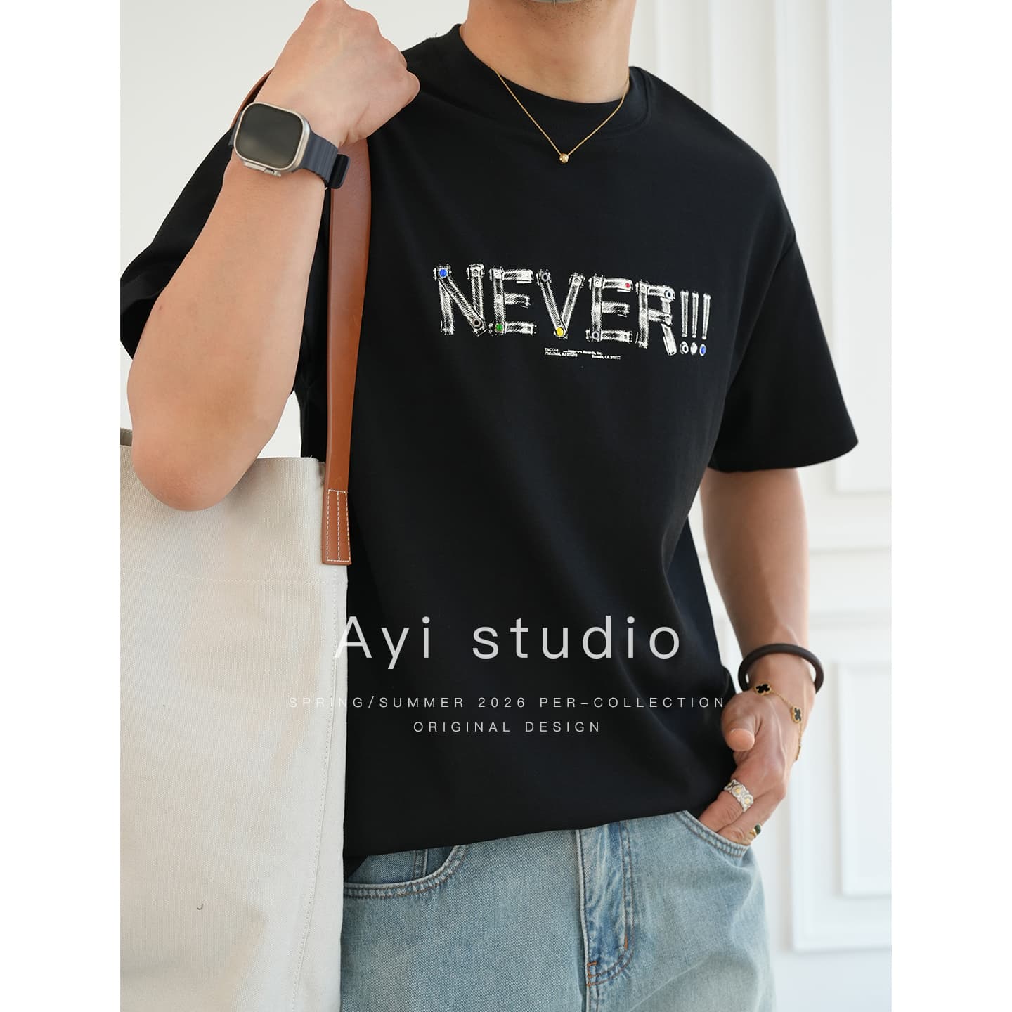 2026 American Street Style Graffiti Letter Print Short Sleeve T-Shirt Men's Summer Fashion New Color Stud Decoration Crew Neck