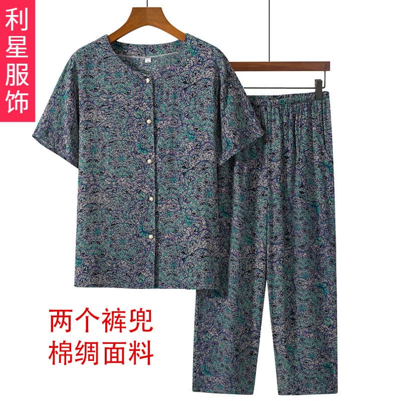 Summer Cotton Silk Shirt Set for Elderly Women, Two-Piece Blouse Top with Short Sleeves for Mothers and Grandmothers