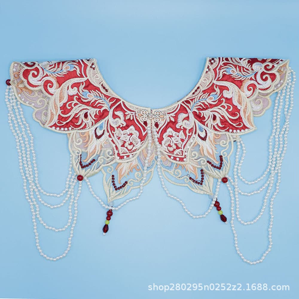 Red phoenix embroidery cloud collar embroidered beaded ancient-style shawl Hanfu detachable collar accessories collar flower accessories