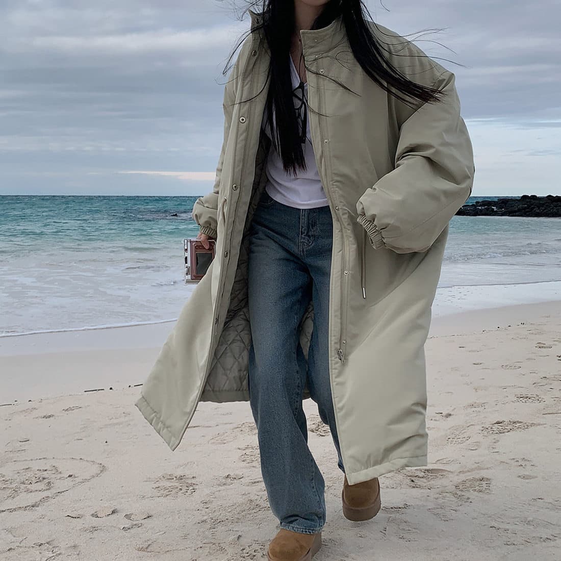 Korean Chic Winter Lazy Style Cargo Parka Loose Large Drawstring Stand Collar Cotton Padded Warm Long Coat