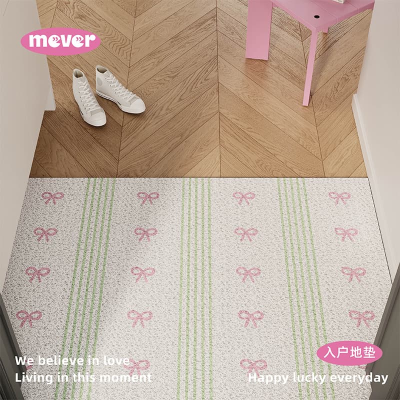 Korean-style pink and green bow entry mat, scrapper anti-slip foot pad rug, customizable for doorway and entrance