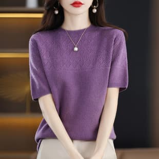 2026 Summer New Women's Round Neck Diamond Lace Short Sleeve Knit Top Casual Fashion Half Sleeve Women's Top Cross-Border