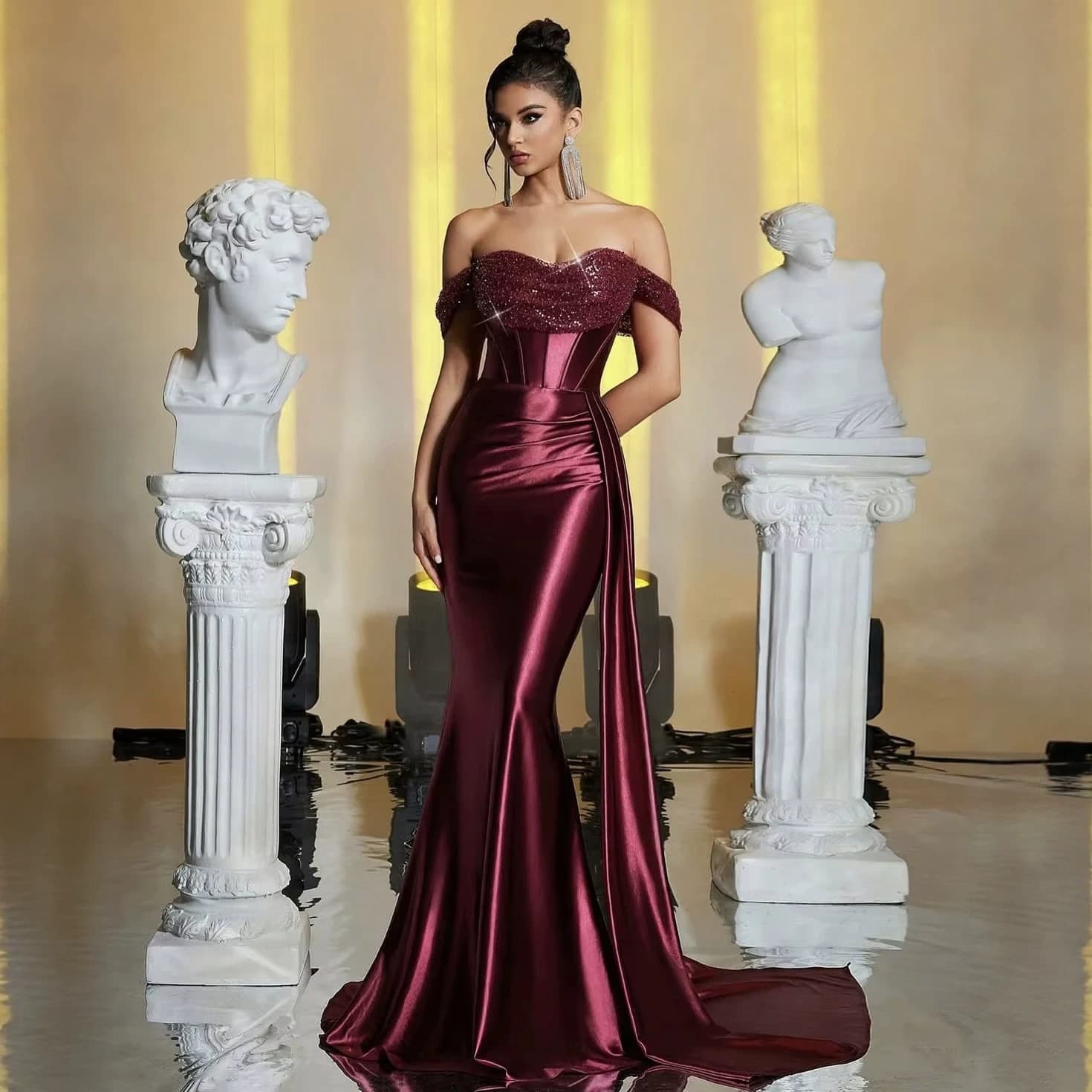 One-Shoulder Satin Mermaid Evening Gown with Corset Boning, Banquet & Graduation Prom Dress, Cross-Border Plus Size Wholesale