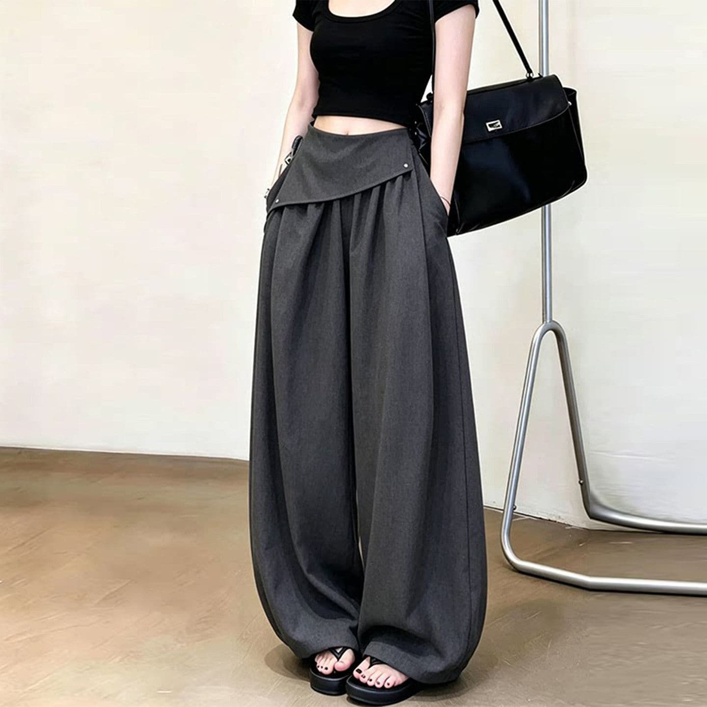 Gray Design-Style Bubble Lantern Pants Women Summer Thin 2026 New Casual Petite Lazy Wide-Leg Pants