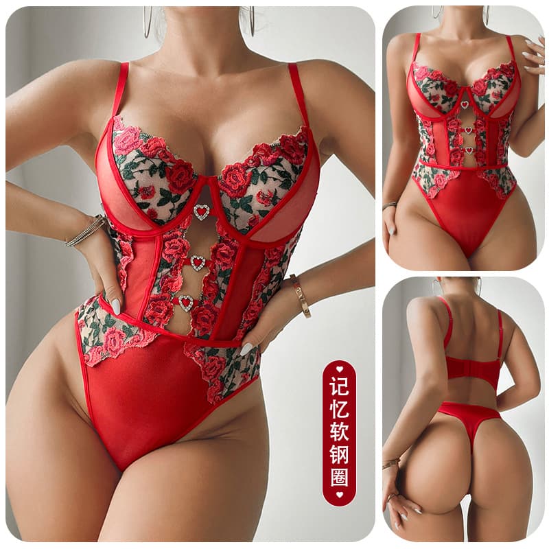 Sexy Rose Lace Bodysuit with Memory Soft Wire Shapewear Design for Women Lingerie 8040