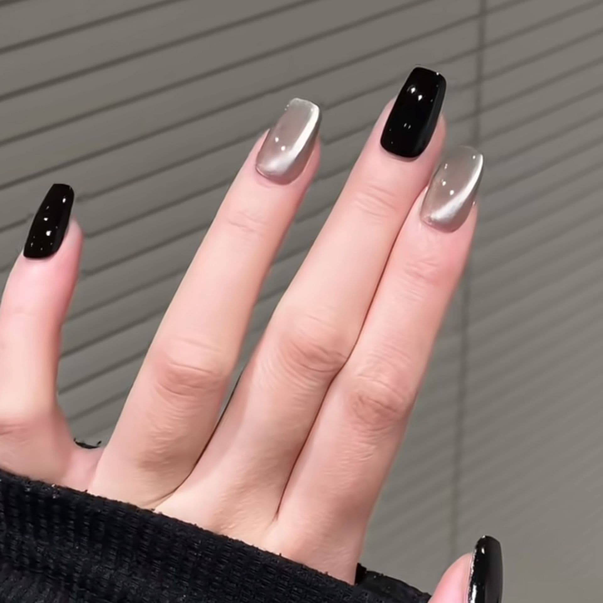 Cool Metallic Black with Silver Sparkle Accents Handmade Press-On Nails, Brightening Flashy Cat Eye, Chic & Edgy