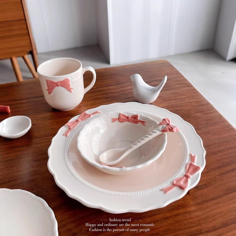 High-Aesthetic Bowknot Cute Small Rice Bowl Cake Dessert Plate Deep Bowl Cup Girl-Heart Ceramic Tableware Home Use Dish