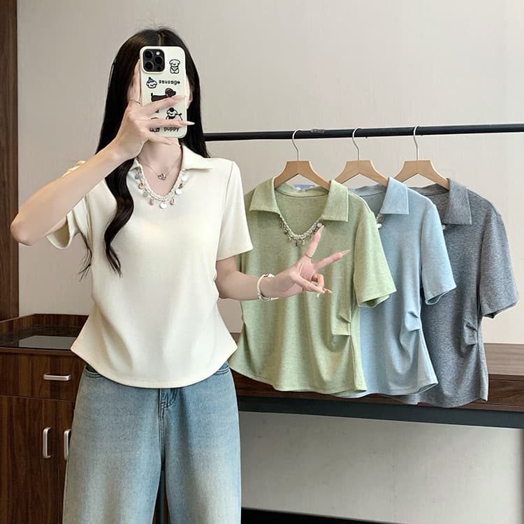 2026 Summer New Plus Size Women Designer Heavy Shell Beaded Waist-Cinching Curved Short Sleeve T-Shirt Top