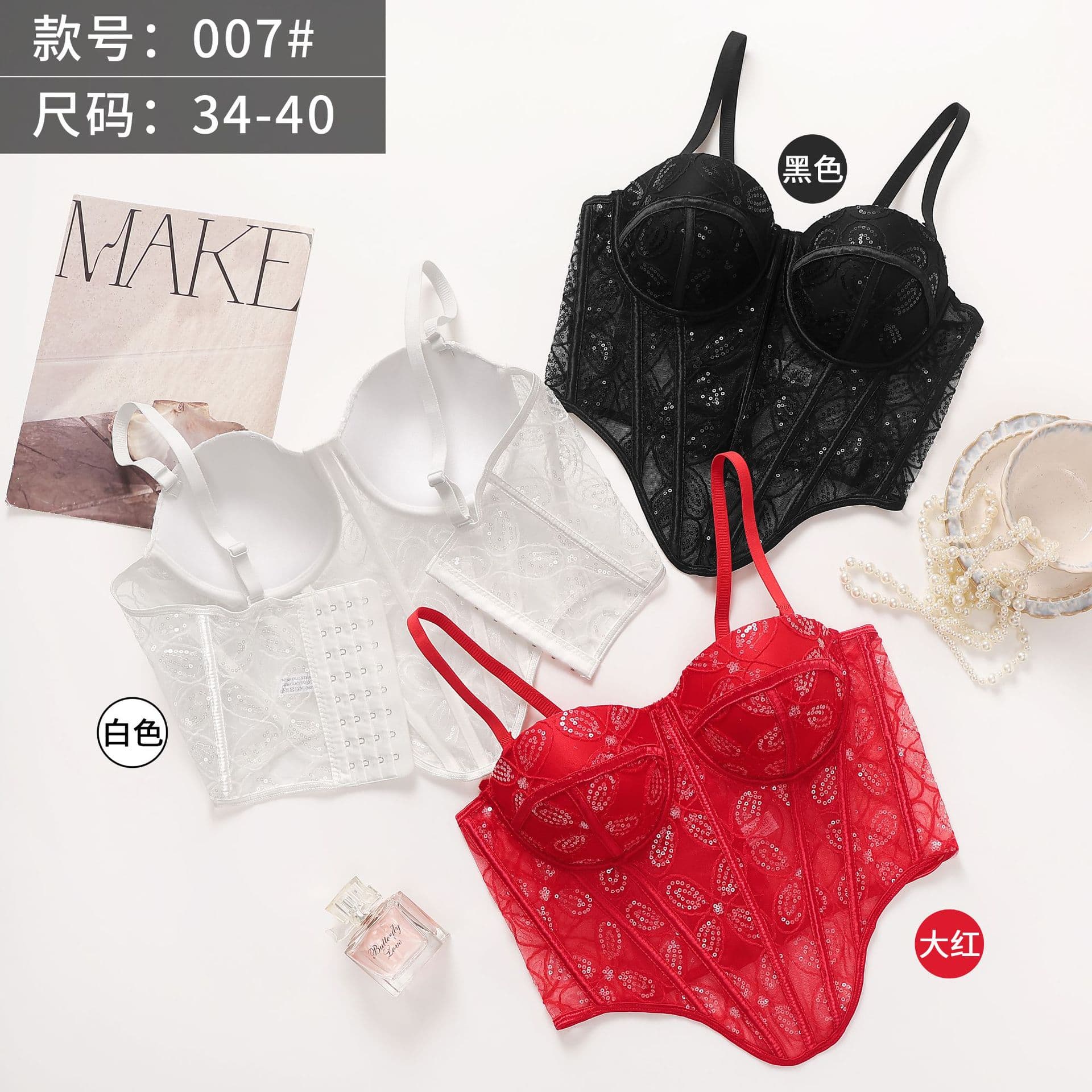 French Embroidered Pattern Patchwork Bra with Mesh Lace, Can Be Worn as Outerwear, Underwire Corset with Pads, Shapewear