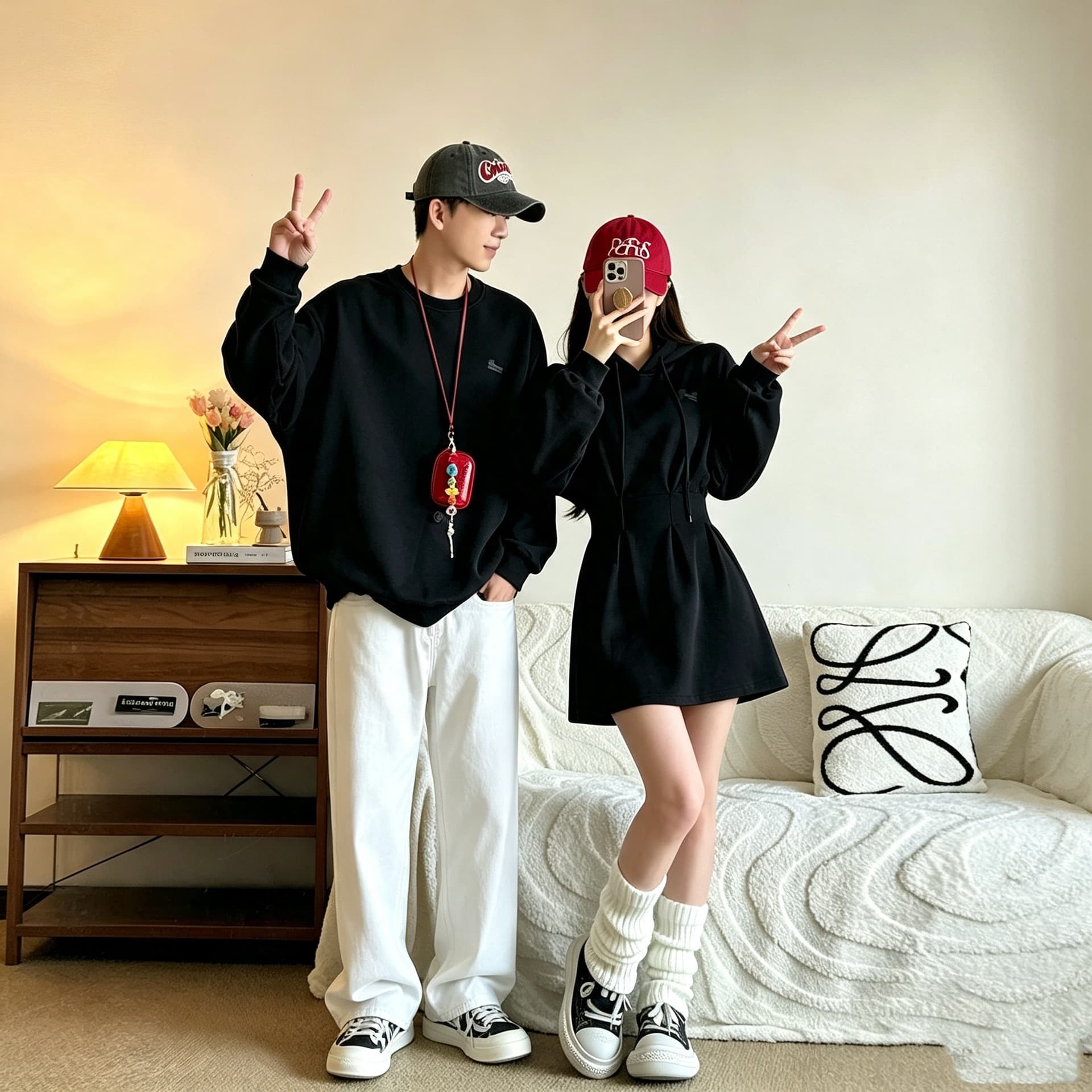 Hong Kong Style Couple Outfit New Early Autumn Premium Design His-and-Hers Loose Black Hoodie Short Dress Trendy