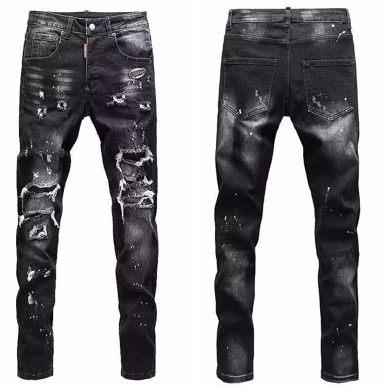 Cross-border Trade Ink Splatter Ripped Amir Rhinestone Jeans for Men Spring/Autumn Slim Fit High Street Skinny Stretch Casual