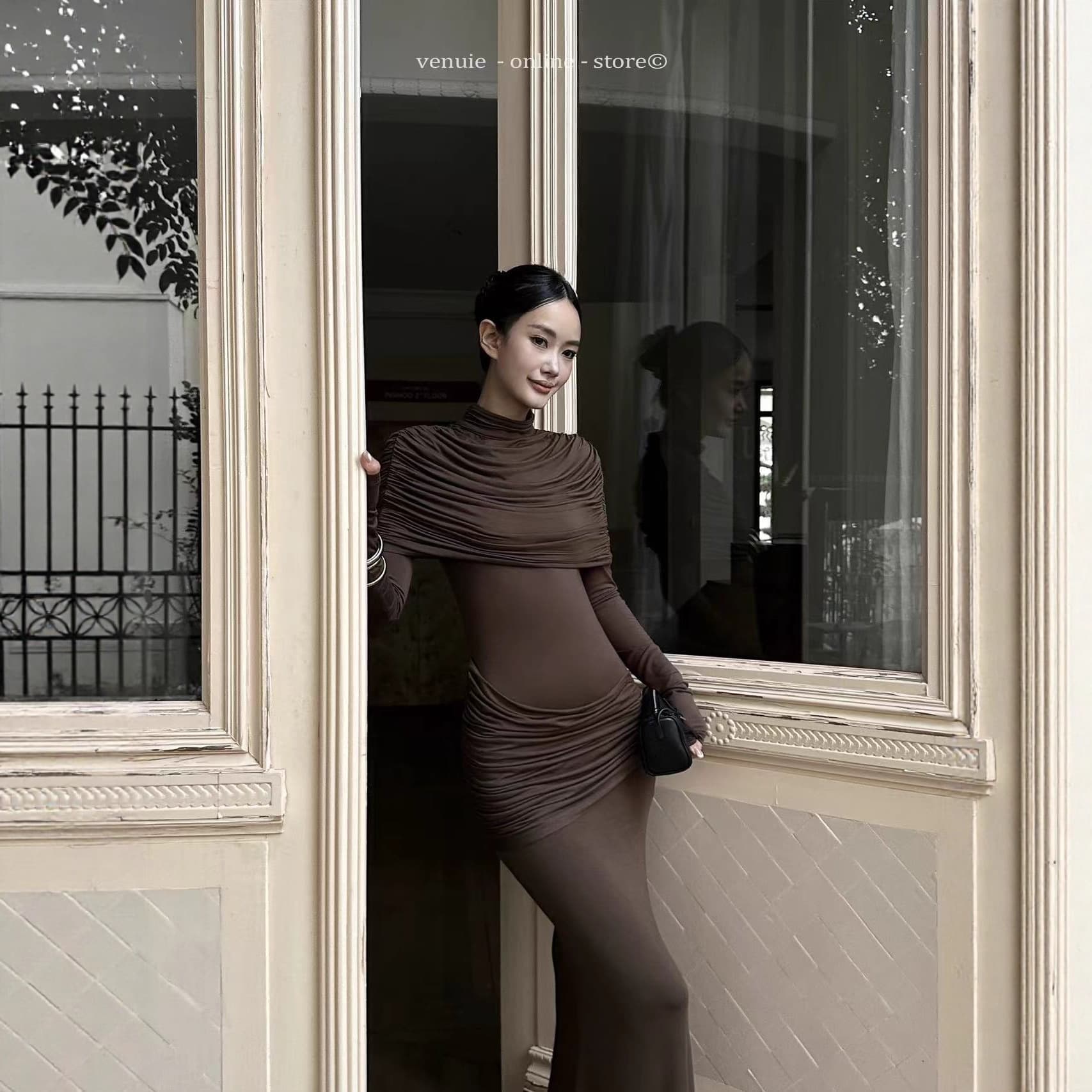 2025AW Modal High-Neck Cape Long Dress Two-Piece Set Long-Sleeve Fitted Knit Bodycon Pleated Dress