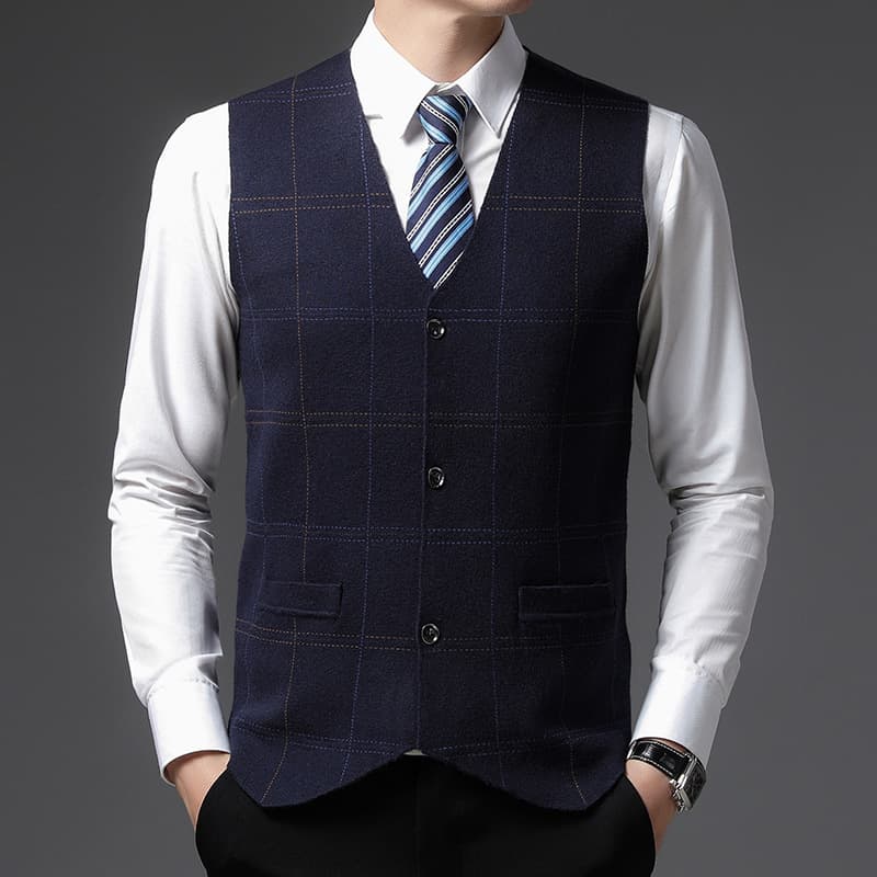 Men's Winter Plaid Single-Breasted Cardigan Sweater, Versatile Sleeveless Vest for Middle-Aged Men